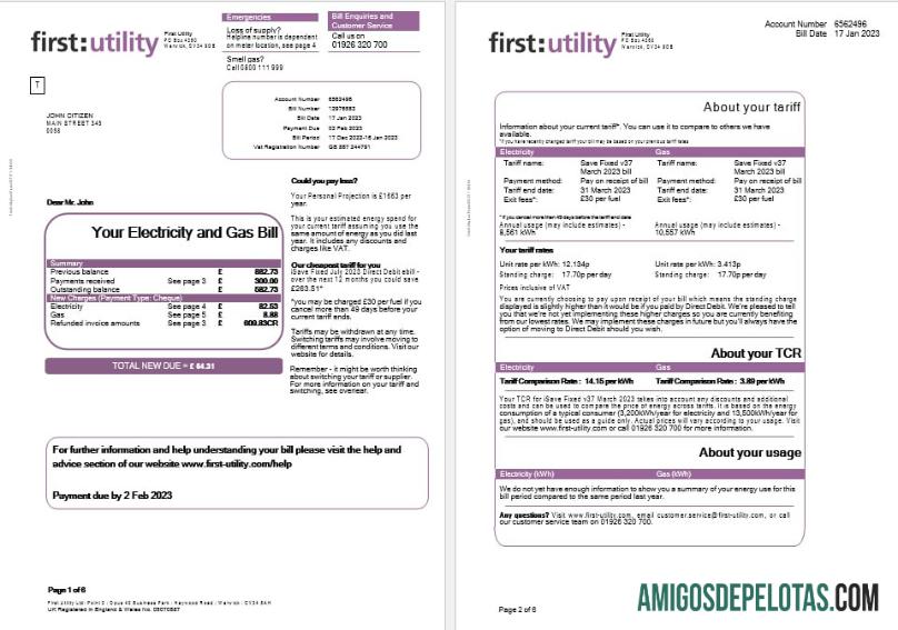 Primeira conta de serviços públicos de gás e eletricidade do Reino Unido em formatos Word e PDF, 6 páginas baixar para verificação